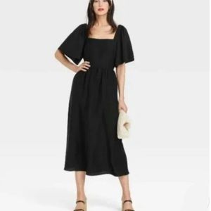 Black Midi Length Open Back Flutter Sleeve Dress